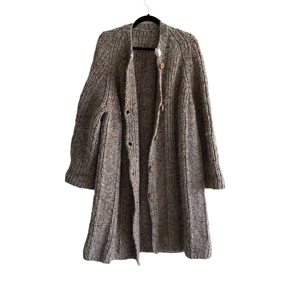HAND KNIT Wool Button Front Long Cardigan Sweater Coat XL - Picture 3 of 9